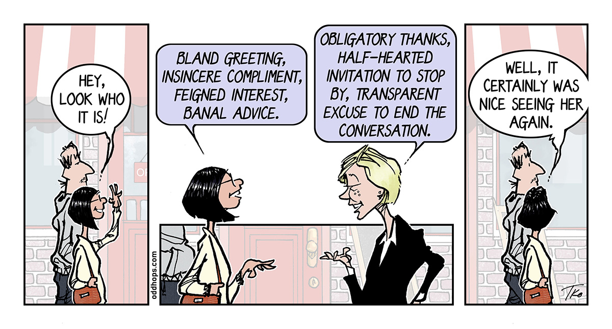 Two women exchange small talk.