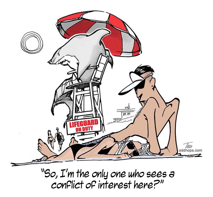 A man wonders if having a shark as a lifeguard isn't a conflict of interest.