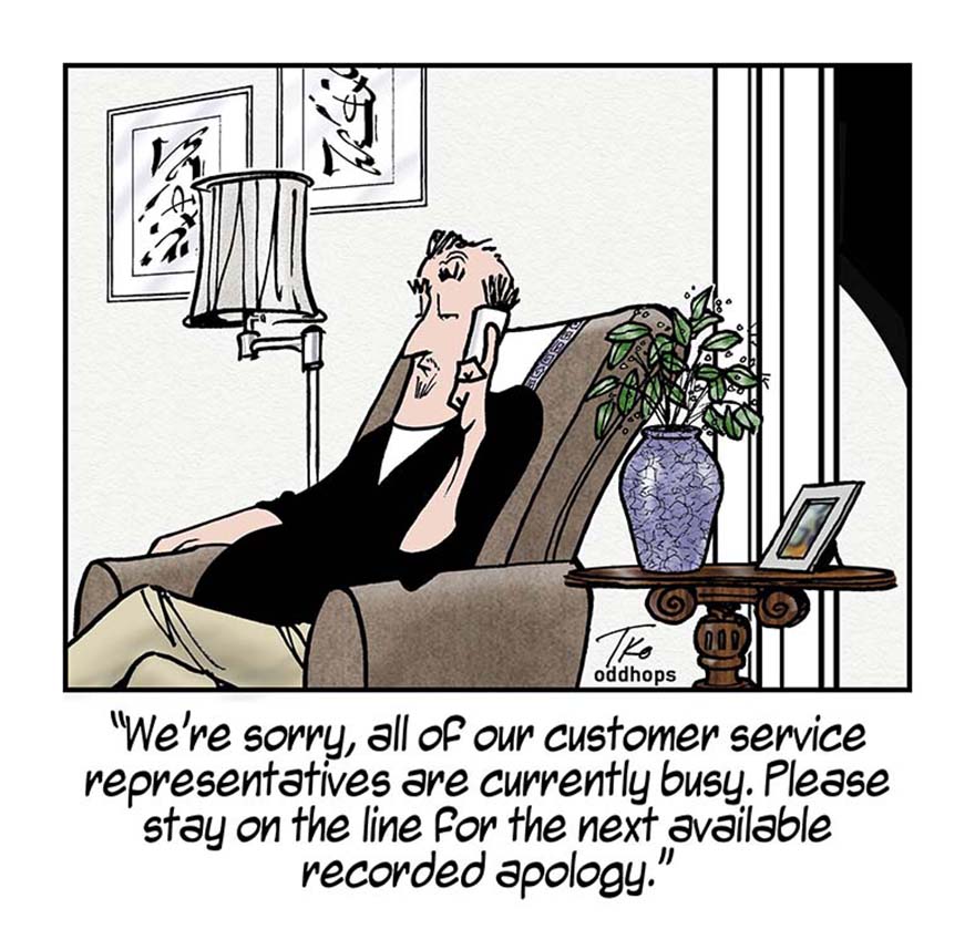A recorded message tells a man who is on hold to wait for the next recorded apology.