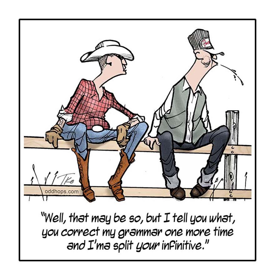 A cowboy takes offense to having his grammar corrected by his friend.